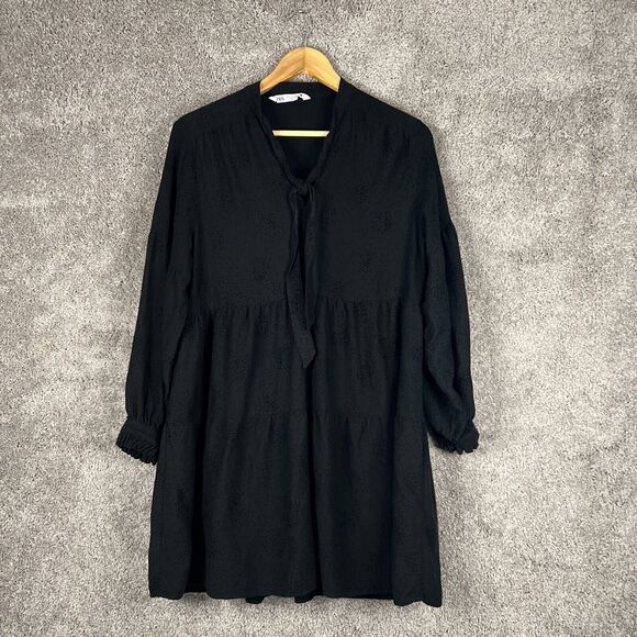 Zara Dresses & Skirts - Zara Dress Womens Medium Black Dot Tiered Long Sleeve Tie Front Neck